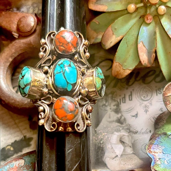 Sundance Vintage Turquoise Coral Scroll Statement Southwest Sterling Silver Ring - Picture 3 of 10